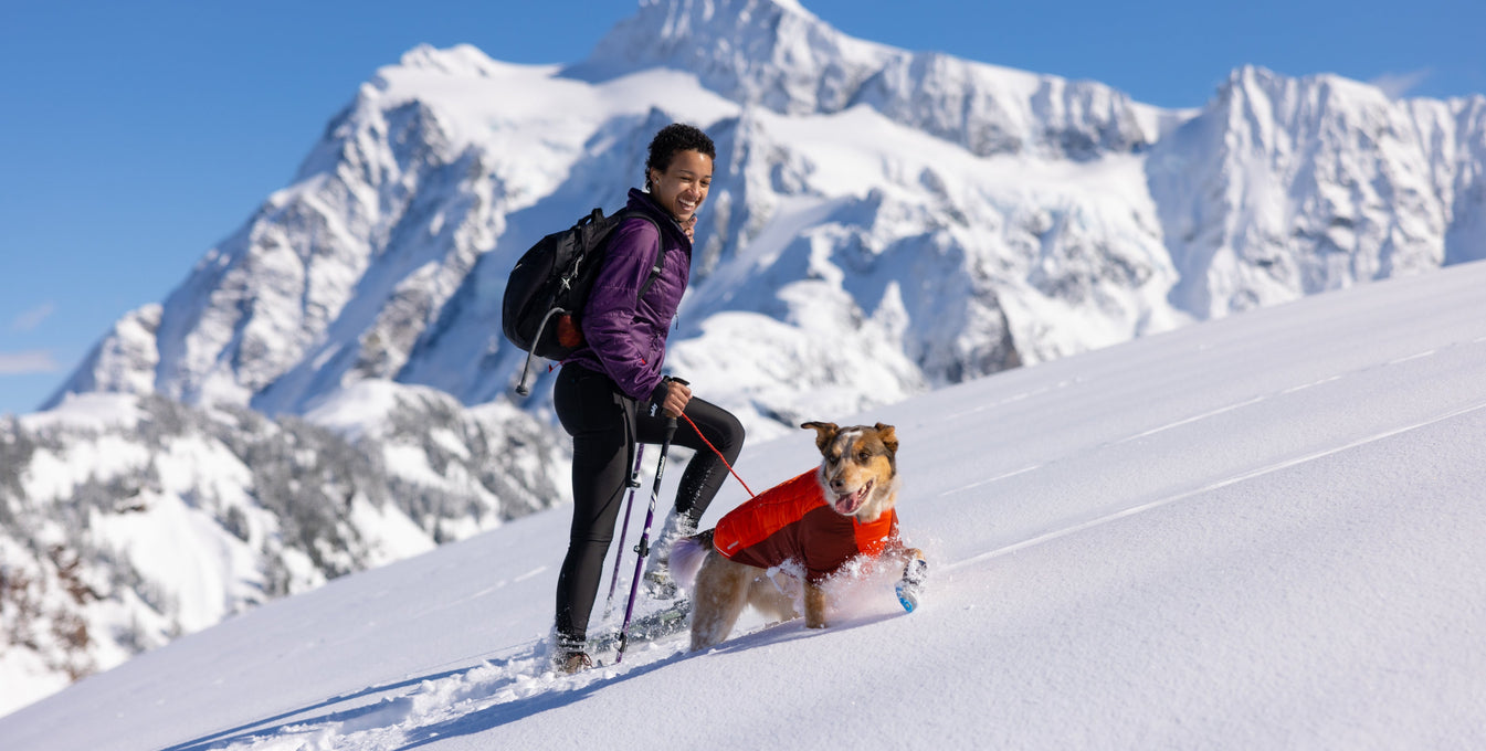 A woman snowshoes uphill with her dog beside her.