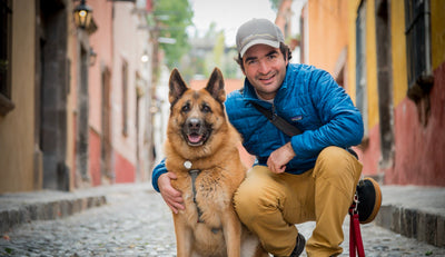A man and his dog sit and pose on an alley road in a city. 