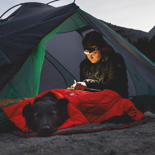 Alex writes in his trail diary with Raya by their tent.